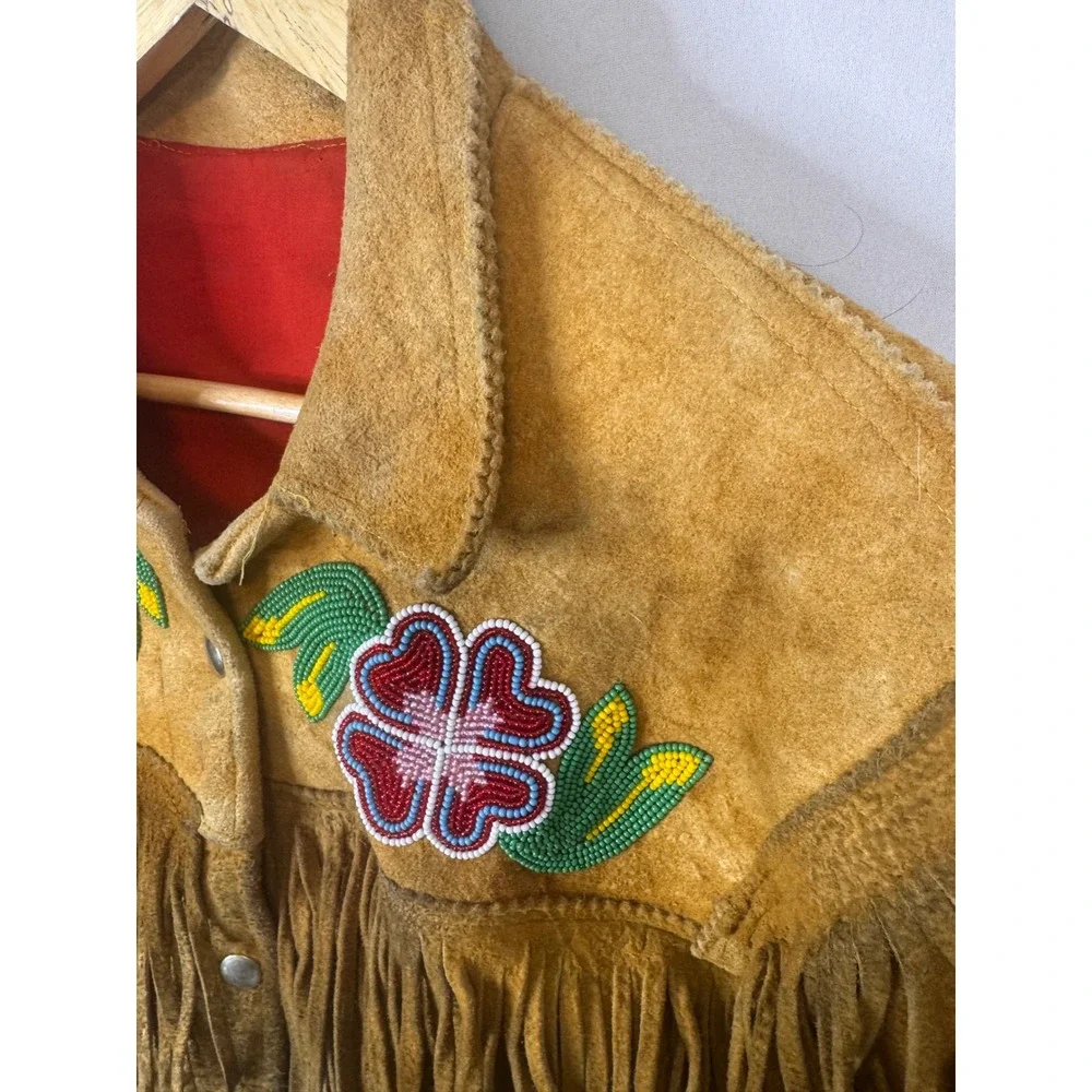 Vintage Buckskin Western Beaded Fringe Jacket Leather Floral Native Crop Women S - Picture 2 of 16
